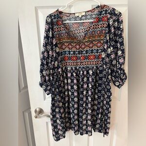 Umgee USABohemian Patterned Dress with Floral‎ Accents